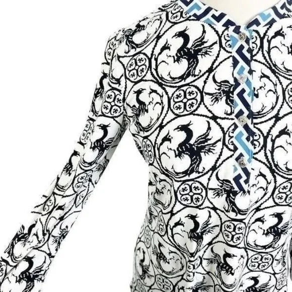 J McLaughlin Tunic Top Catalina Cloth Black White Phoenix Print 3/4 Sleeve Sz M - Picture 2 of 11